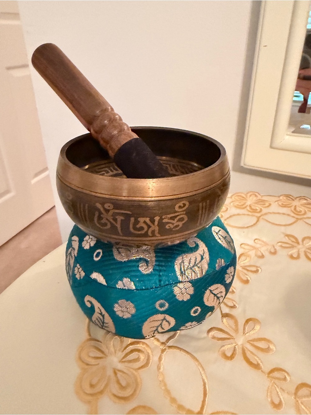 Tibetan Singing Bowl with Mallet - Brass Tone, Teal Cushion